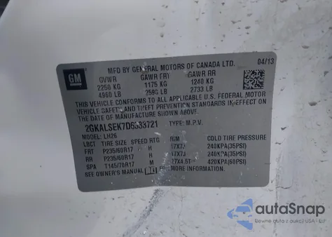 2013 GMC Terrain Sle-2 z USA, uszkodzony, nr VIN 2GKALSEK7D6333721